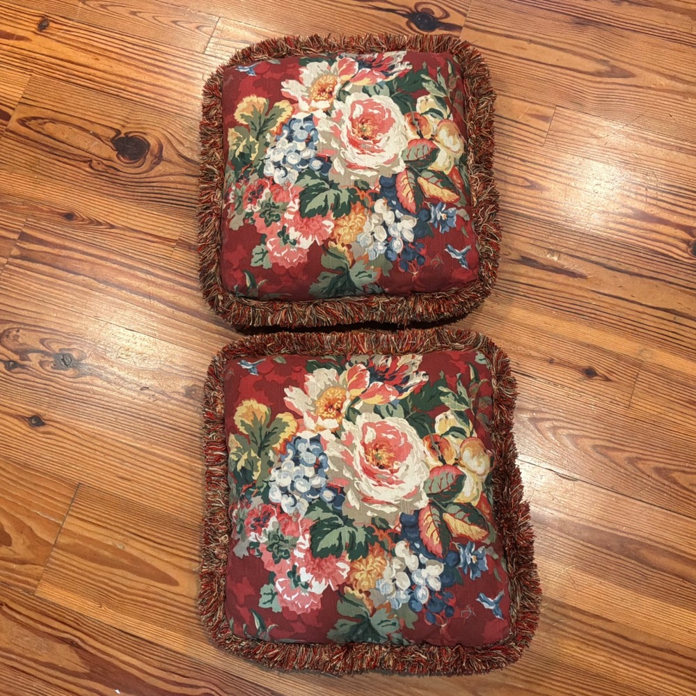 Vintage Floral Fringe Throw Pillows Set of 2 Burgundy Red Rose Peony 18x18